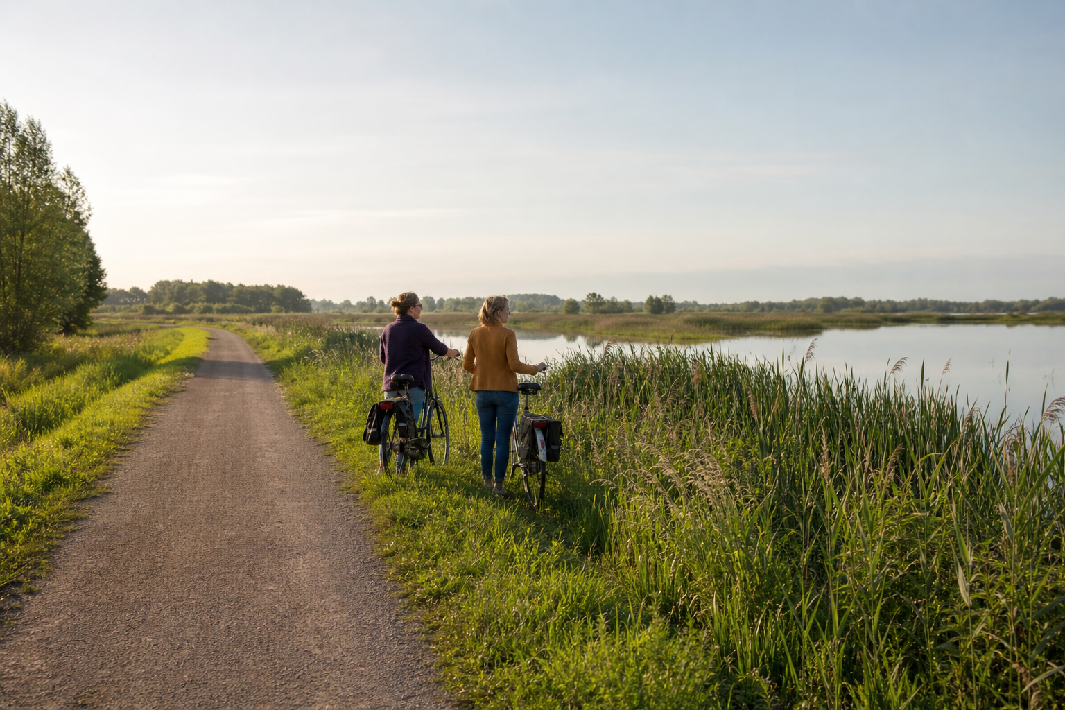 Twee fietsers pauzeren bij riet en open water langs een rustig pad